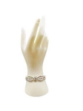 Rhinestone Bracelet with Floral Design & Safety Chain Vintage Elegant Silver-Ton